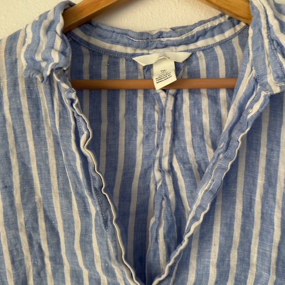 H&M Linen Top Womens L Blue & White Striped Button Front Oversized Beachy - Picture 3 of 9